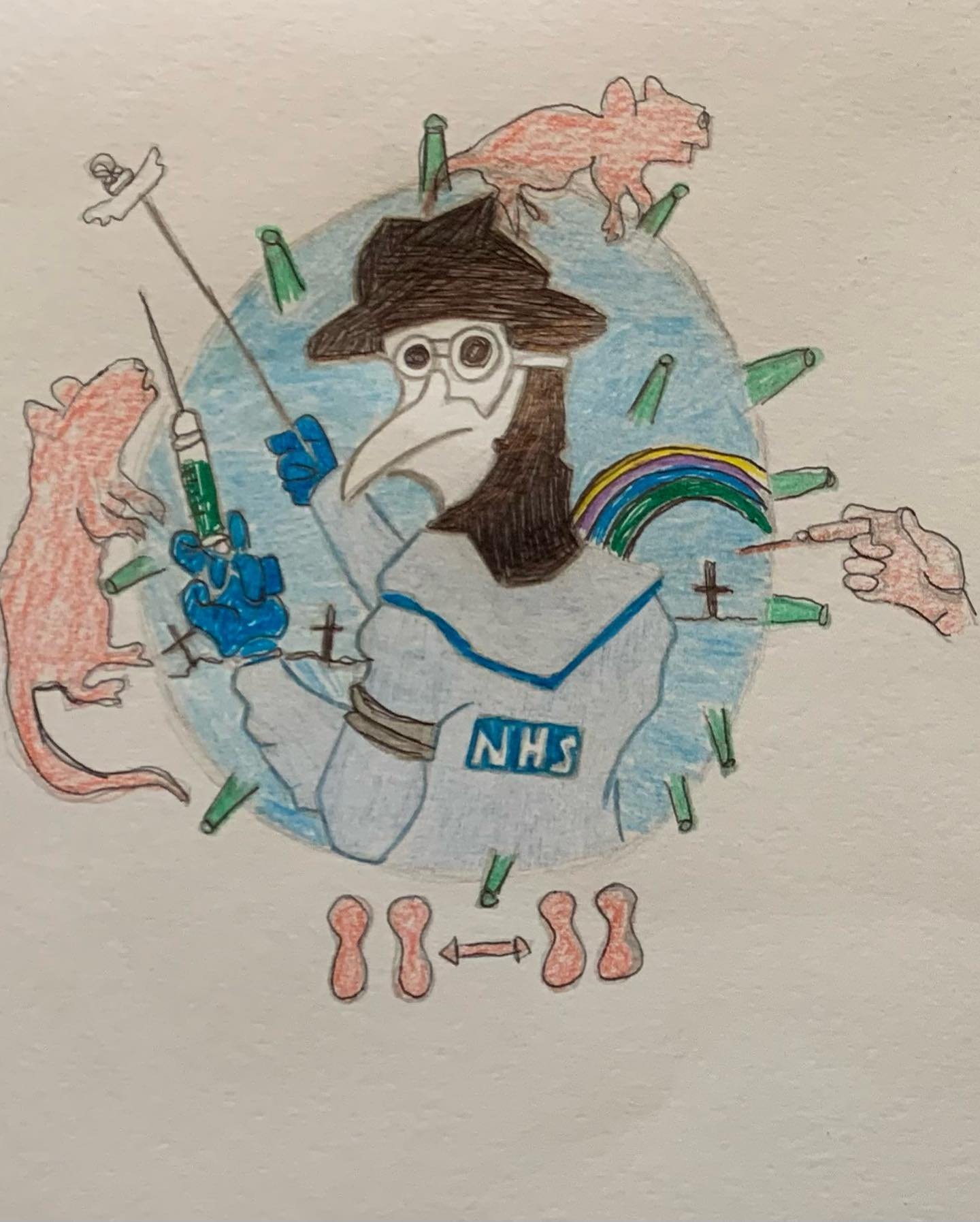 A coloured-pencil drawing by a young participant showing an NHS plague doctor surrounded by viruses, rats and a rainbow.